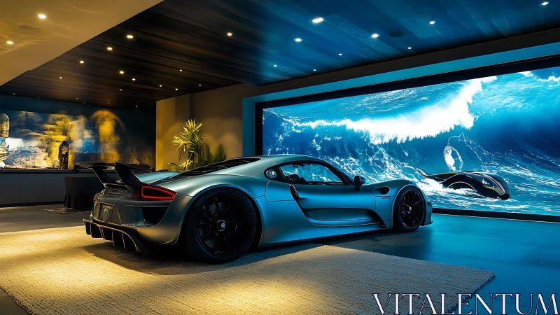 Luxury silver hypercar in ocean-inspired modern showroom.