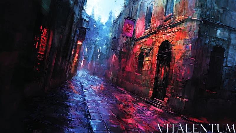 Rain-soaked neon alleyway glows with moody twilight color.