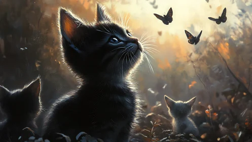 Black Feline Subject Observing Lepidoptera with Atmospheric Backlighting