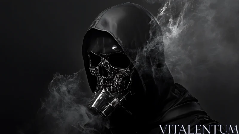 Hooded chrome skull respirator emerges from drifting monochrome smoke
