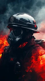 Firefighter in Full Gear Facing Intense Flames