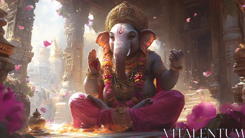Elephant-headed deity seated in ornate temple courtyard.