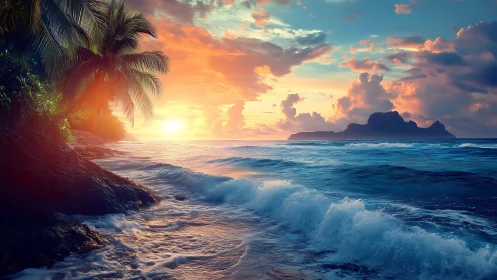 Tropical Paradise Sunset Over Ocean Waves.