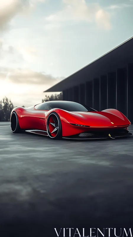 Sleek red supercar glides across a modern minimalist courtyard