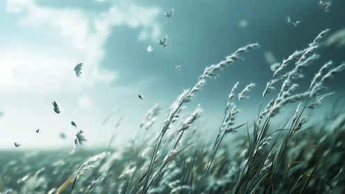 Serene Meadow with Tall Grasses and Butterflies in Soft Light.