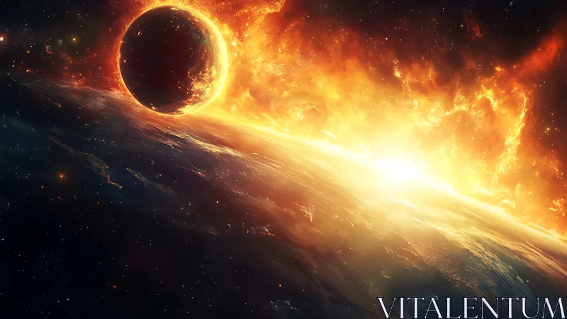 Solar inferno engulfing planet on glowing orbital horizon.