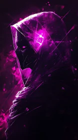 Hooded cyber wraith glows with fractured neon energy.