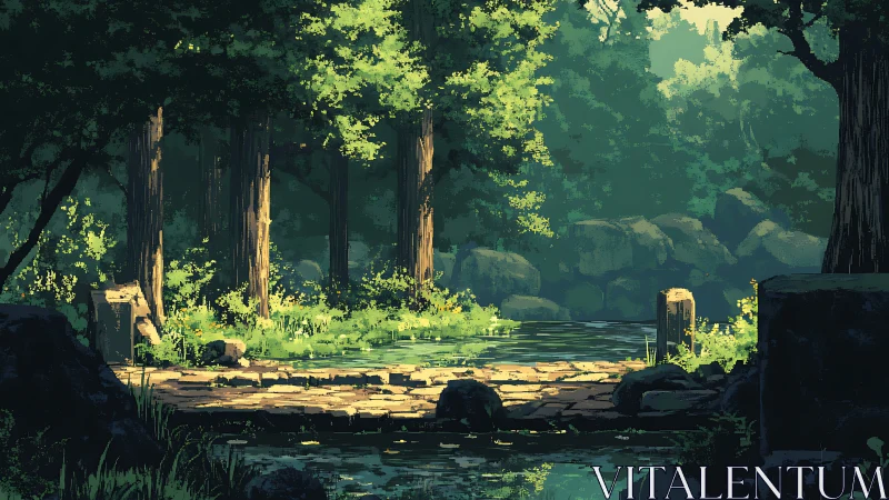 Digital forest scene with volumetric light rendering through deciduous canopy and aquatic environmen