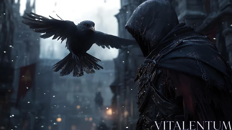 Hooded figure watches crow in flight over snowy city street