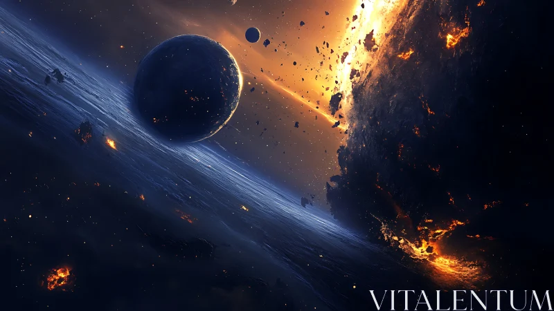 Planetary collision rendered with dramatic molten debris field.