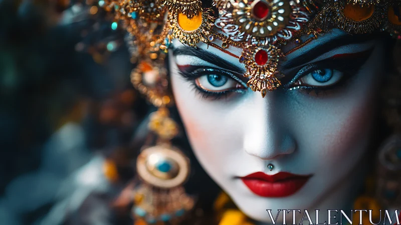 Ornate blue-eyed goddess portrait renders hyper-detailed visage