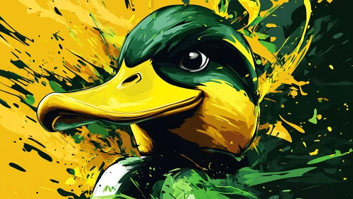 Vibrant duck portrait splashed with bold emerald and gold.