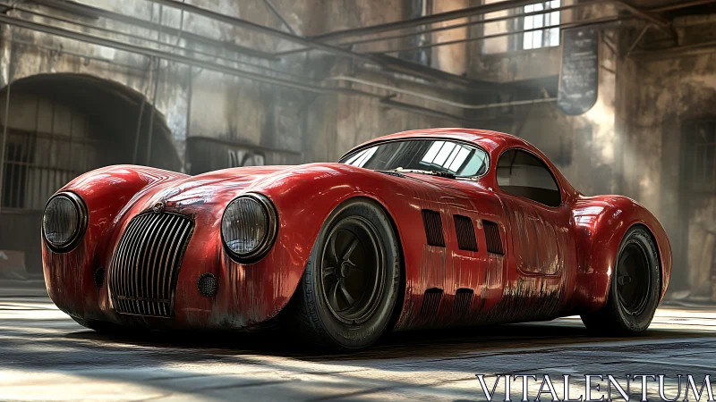 Vintage red race car resting in a sunlit industrial garage.