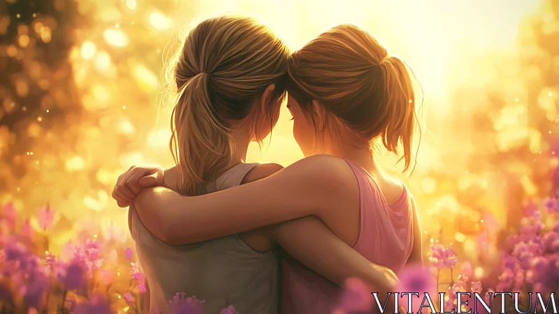 Two Girls Embracing in Sunlit Field, Dreamy Artistic Style.