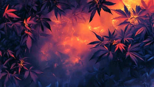 Glowing twilight leaves framing a dreamlike forest firelight.