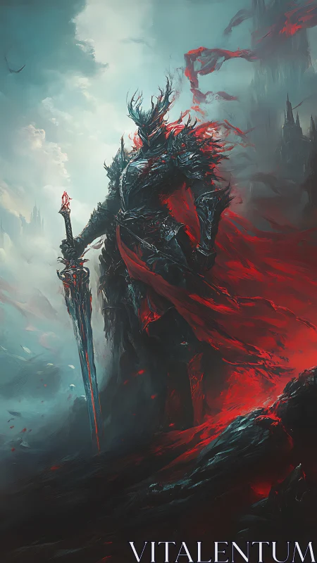 Volcanic warlord in serrated armor amid spectral citadels.