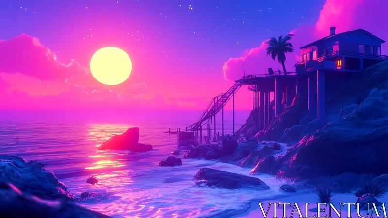 Dreamy neon sunset over a cozy cliffside beach hideaway.