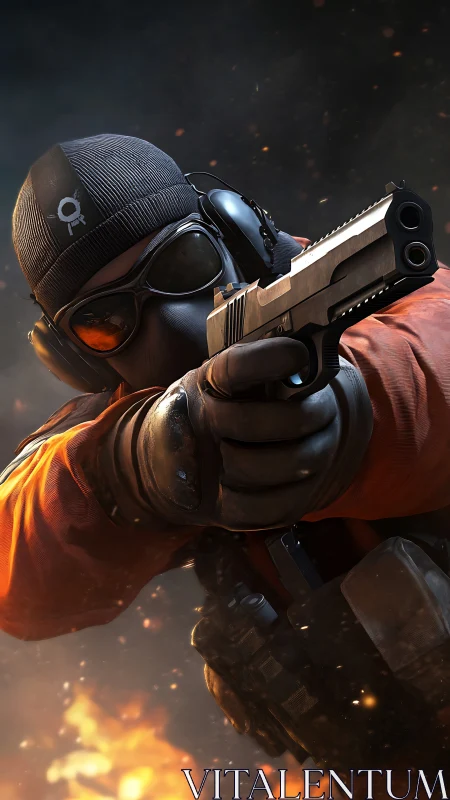 Masked operative aiming pistol amid flying embers.