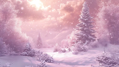 Soft rose-tinted winter forest glowing under falling snow.