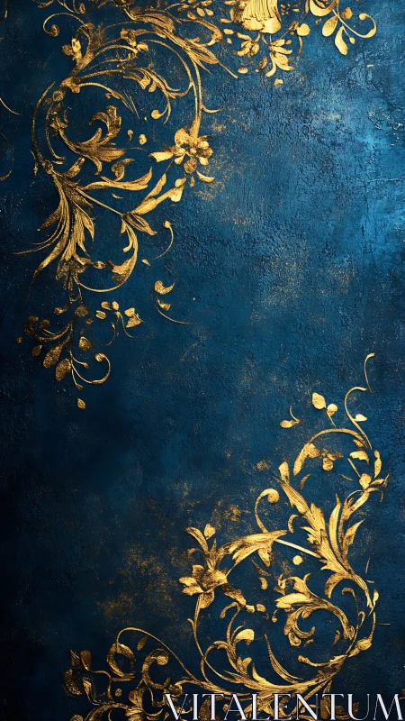 Gold botanical ornament scrollwork decorates textured blue field