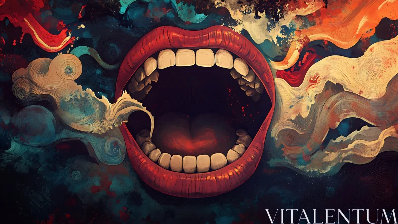 Surreal red mouth exhales swirling abstract color clouds