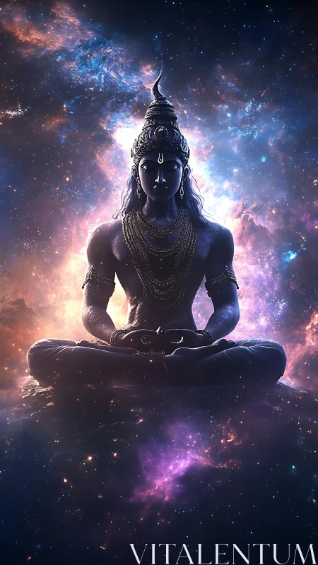 Cosmic meditative deity silhouette framed by luminous nebular backlight