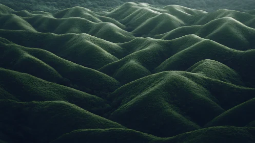 Aerial view of densely forested rolling green hill ridges.