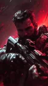 Battle-hardened soldier steadies his rifle in crimson haze