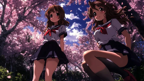 Two schoolgirls under cherry blossoms in vivid spring light.