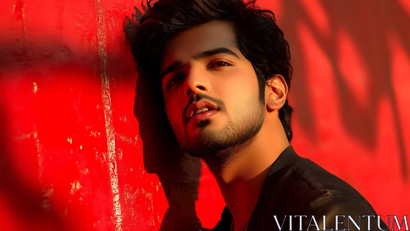 Warm sunlight brushes a thoughtful face against vivid red