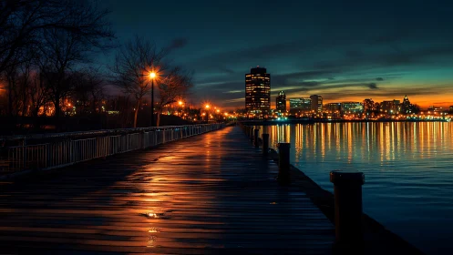 Calm city pier glowing softly under a peaceful night sky.