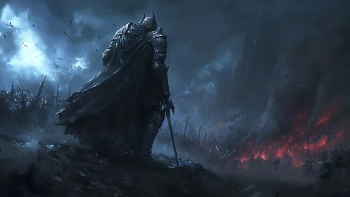 Stormlit warlord pauses as a burning citadel devours night