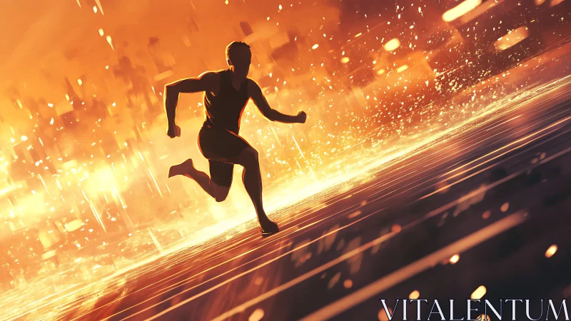 Silhouetted runner on luminous track against abstract skyline.