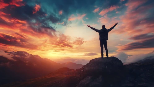 Silhouette on mountain peak under vivid sunset sky.