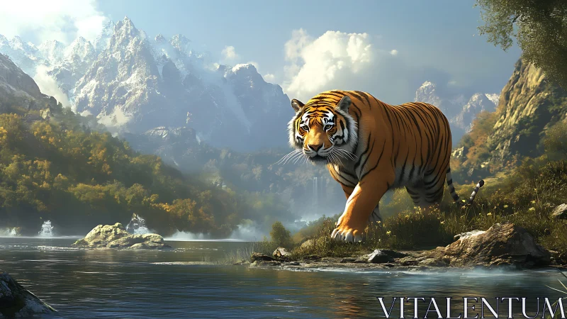 Majestic tiger strides along alpine river under luminous peaks