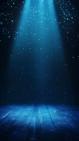 Blue spotlight over dark wooden stage with dust motes.