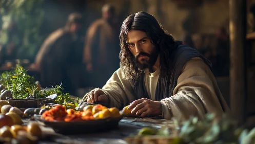 Contemplative robed man at rustic table with vivid foods.