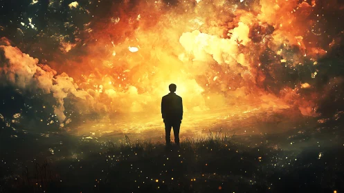 Solitary figure studies radiant cosmic horizon glow.
