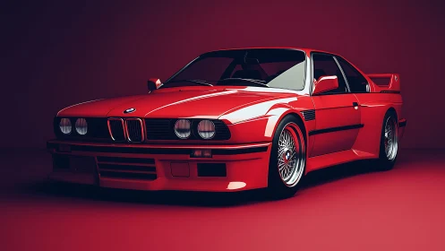 Red BMW coupe rendered in moody studio lighting profile.