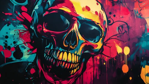 Electric neon skull mural glowing in wild spray paint colors.