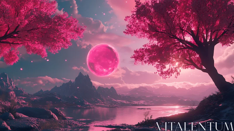 Dreamy pink moonrise over tranquil crystal lake at dusk.