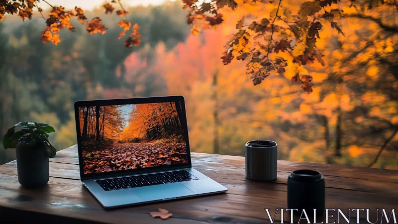 Laptop workspace on rustic table in vivid autumn forest.