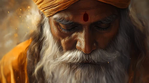 Elderly sage in saffron robes rendered in warm detail.