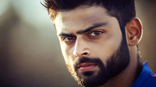 Close portrait shows a bearded man in sharp frontal focus