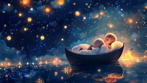 Dreamlit siblings adrift in boat under luminous starfield