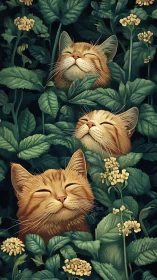 Contented Cats Among Yellow Wildflowers in Lush Garden