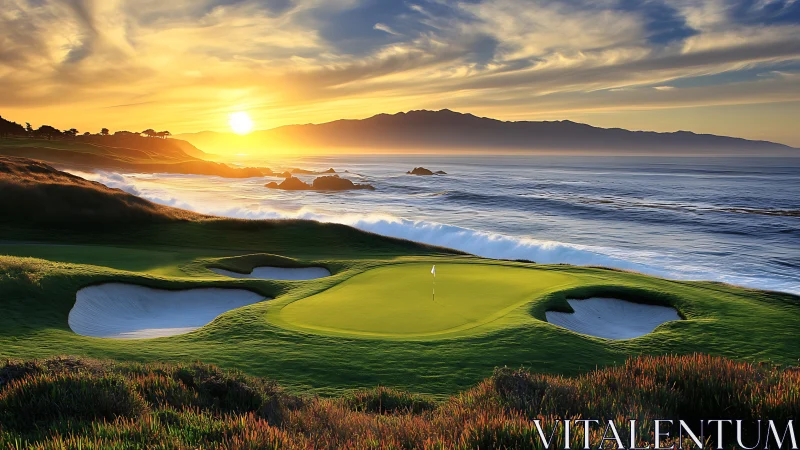 Coastal golf green under vivid ocean sunset sky.