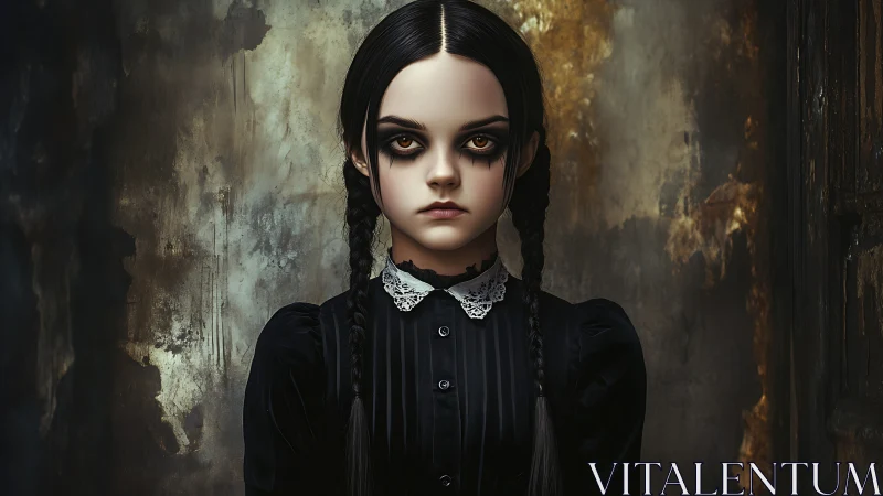 Gothic braided girl against distressed textured wall portrait.