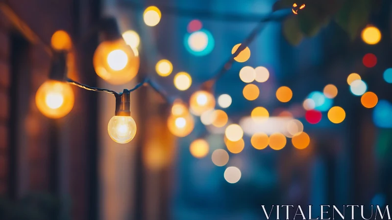 String lights hang across alleyway with shallow depth of field