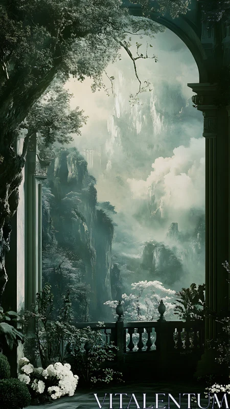 Neo-classical balcony framing misted vertical cliff valley